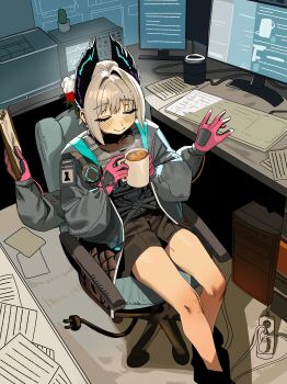 1girl absurdres arknights blue_coat blush brown_shirt brown_skirt bulletproof_vest chair clipboard closed_eyes closed_mouth coat coffee commentary computer computer_keyboard cup extra_arms flower gloves grey_hair hair_flower hair_intakes hair_ornament head_wings highres holding holding_clipboard holding_cup indoors long_sleeves monitor open_clothes open_coat paper pink_gloves power_strip raidian_(arknights) ruppu shirt short_hair sidelocks sitting skirt solo steam swivel_chair wings
