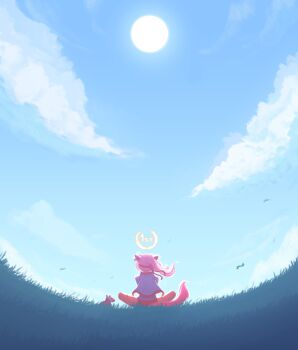 1girl animal_ears arawaffle blue_sky bow buruma cloud ear_bow ear_covers from_behind grass haru_urara_(bestest_prize)_(umamusume) haru_urara_(umamusume) headband highres horse_ears horse_girl horse_tail jacket long_hair outdoors pink_buruma pink_hair pink_headband ponytail red_buruma red_headband shirt sitting sky stuffed_animal stuffed_horse stuffed_toy sun tail umamusume white_jacket white_shirt