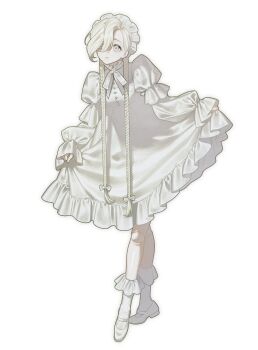1girl bow braid commentary commission curtsey doll_joints dress frilled_dress frilled_socks frills full_body hair_over_one_eye highres joints long_hair long_sleeves maid_headdress nanoka_san neck_ribbon original ribbon skirt_hold socks solo twin_braids very_long_hair white_eyes white_hair white_theme