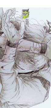 Rule 34 | 1other, arms up, coat, crazy smile, drooling, gauze on arm, gloves, grin, gyujik qzc, hair over one eye, hands up, highres, looking at viewer, medicine pocket, one eye covered, reverse:1999, saliva, smile, solo, tears, upper body, white background, white coat, white gloves, white hair