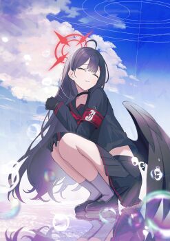 1girl ^_^ absurdres ahoge armband black_choker black_gloves black_hair black_sailor_collar black_serafuku black_shirt black_shoes black_skirt black_wings blue_archive blue_sky blunt_bangs choker clenched_hand closed_eyes closed_mouth cloud commentary day facing_viewer feathered_wings film_grain full_body gloves grey_socks hair_ornament hairclip halo hand_on_own_knee hand_up highres himmel_gewalt ichika_(blue_archive) loafers long_hair long_sleeves low_wings midriff miniskirt neckerchief outdoors parallel_hairclips pleated_skirt red_armband red_halo red_neckerchief reflection reflective_floor sailor_collar school_uniform serafuku shirt shoes skirt sky smile soap_bubbles socks solo split_mouth squatting very_long_hair wings