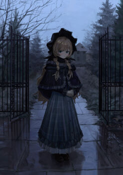 1girl absurdres an_yb black_bonnet black_cape black_ribbon black_shoes blonde_hair blush bonnet braid cape closed_mouth commentary dress fence frilled_dress frills full_body fur-trimmed_cape fur_trim grass grey_dress grey_eyes grey_sky hair_ribbon high_collar highres house iron_fence long_dress long_hair long_sleeves looking_at_viewer low_twin_braids neck_ribbon original outdoors own_hands_together pavement ribbon shoes sky standing swept_bangs tree twin_braids very_long_hair