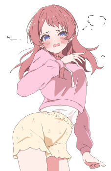 1girl absurdres blue_eyes blush commentary_request cowboy_shot gakuen_idolmaster hair_down hanami_saki highres idolmaster long_hair long_sleeves looking_at_viewer open_mouth pink_hair pink_sweater shorts simple_background solo sweater urishima white_background yellow_shorts