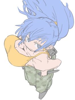 1girl blue_eyes blue_hair boots bouncing_breasts breasts camouflage d_sugama female_focus huge_breasts large_breasts leona_heidern long_hair military pale_skin pants ponytail shoes tank_top the_king_of_fighters