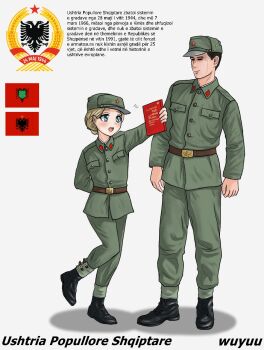 1boy 1girl albania albanian_flag albanian_text belt black_hair blonde_hair blue_eyes book boots cold_war communism full_body hand_on_own_back hat hat_ornament height_difference highres holding holding_book insignia military_hat military_uniform original star_(symbol) white_background wuyuu