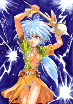 1girl arms_up azell_azrina_azerandi belt bindi blue_eyes blue_hair breasts cleavage dress facial_mark fantasy female_focus forehead_mark hirokazu lightning long_hair matching_hair/eyes no_bra panties pantyshot ponytail smile solo spikes staff traditional_media uchuu_eiyuu_monogatari underwear white_panties