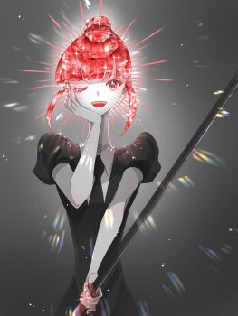 1other ;d androgynous bare_arms black_jacket black_sleeves collared_shirt colored_skin commentary cropped_torso easty english_commentary gem_uniform_(houseki_no_kuni) grey_background hair_bun hand_on_own_face highres holding holding_sword holding_weapon houseki_no_kuni jacket lens_flare looking_at_viewer nail_polish one_eye_closed open_mouth other_focus puffy_short_sleeves puffy_sleeves red_beryl_(houseki_no_kuni) red_eyes red_hair red_nails shirt short_sleeves sidelocks single_hair_bun smile solo sparkle sword upper_body weapon white_shirt white_skin
