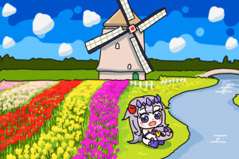 1girl bing_huyue blue_sky blush_stickers bridge chibi cloud commentary english_commentary field flower flower_field gem gem_hair_ornament hair_flaps hair_flower hair_ornament highres hololive hololive_english koseki_bijou koseki_bijou_(1st_costume) long_hair netherlands open_mouth pebble_(koseki_bijou) pink_flower pink_tulip purple_eyes purple_gemstone red_flower red_tulip river simple_background sky tulip virtual_youtuber white_fence windmill yellow_flower yellow_tulip