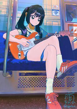 1girl absurdres black_hair crossed_legs electric_guitar guitar highres holding holding_guitar holding_instrument instrument kagenoyuhi long_hair miniskirt music original playing_guitar playing_instrument shirt shoes short_sleeves sitting skirt sneakers socks solo t-shirt train_interior twintails white_socks
