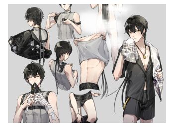 Rule 34 | 1boy, bandaged arm, bandages, bishounen, black hair, black jacket, black male underwear, black pants, body markings, boxers, chest harness, chinese commentary, cloud print, commentary request, convenient censoring, crossed bangs, gold necklace, grey background, hair between eyes, hair censor, harness, highres, jacket, jewelry, linea alba, long hair, male focus, male rover (wuthering waves), male underwear, multiple views, necklace, pants, partial commentary, print towel, rover (wuthering waves), s gongwen, shirt, showering, simple background, sleeveless, sleeveless shirt, steam, steam censor, tacet mark (wuthering waves), tassel, toned, toned male, towel, undershirt, underwear, undressing, white shirt, wiping, wuthering waves, yellow eyes