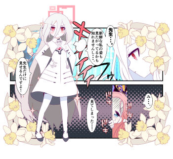 2girls blue_archive blue_eyes bow colored_skin commentary_request dress flower forehead hair_between_eyes hair_bow halo kei_(blue_archive) kei_(decagrammaton)_(blue_archive) long_hair long_hair_between_eyes long_sleeves multiple_girls orange_halo peeking pink_halo power_symbol rectangular_halo red_eyes red_hair red_halo ringed_eyes shingodesuyo speech_bubble translation_request very_long_hair white_dress white_flower white_hair white_skin wide_sleeves yuzu_(blue_archive)