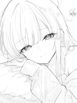 1girl blue_archive blush bra closed_mouth greyscale halo head_on_pillow heart koko_(user_hktv5235) long_hair looking_at_viewer monochrome noa_(blue_archive) pillow sleeves_past_wrists smile solo spoken_heart underwear white_background