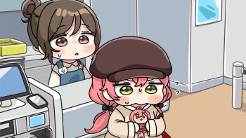 2girls apron bag blue_apron blush_stickers brown_eyes brown_hair brown_hat brown_jacket character_doll chibi collared_shirt doll flat_cap green_eyes hair_between_eyes hair_bun hat holding holding_doll hololive indoors jacket mochimiko multiple_girls parted_lips sakura_miko shirt shop small_sweatdrop sweat v-shaped_eyebrows virtual_youtuber white_shirt yurie_mouth