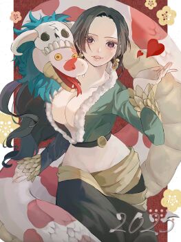 1girl 2025 black_hair boa_hancock breasts cleavage cowboy_shot crop_top earrings eyelashes fangs forked_tongue heart highres jewelry large_breasts long_hair long_sleeves looking_at_viewer one_piece purple_eyes salome_(one_piece) sidelocks snake snake_earrings tongue u_mi031