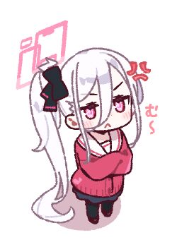 1girl :< absurdly_long_hair anger_vein black_bow black_pantyhose black_shoes black_skirt blue_archive blush bow cardigan chibi chibi_only closed_mouth commentary_request crossed_arms double-parted_bangs full_body hair_between_eyes hair_bow halo jaggy_lines kei_(blue_archive) kei_(new_body)_(blue_archive) long_hair long_hair_between_eyes long_sleeves looking_at_viewer pantyhose pink_eyes pink_halo rectangular_halo red_cardigan shoes side_ponytail simple_background skirt solo standing transparent_background v-shaped_eyebrows very_long_hair white_hair yoru_nai