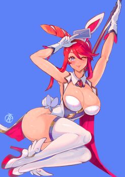 1girl animal_ears arms_up ass bare_shoulders blue_background blue_eyes blue_leotard blush breasts brooch card cleavage closed_mouth collar commentary dutch_angle english_commentary fake_animal_ears fake_tail full_body gloves hair_between_eyes heart heart_brooch high_heels highleg highleg_leotard highres holding holding_card huge_breasts jewelry large_breasts leotard looking_at_viewer multicolored_leotard nintendo nontraditional_playboy_bunny one_eye_closed playing_card pokemon pokemon_bw pole rabbit_ears rabbit_tail red_footwear red_hair revolverwing short_hair_with_long_locks signature simple_background skyla_(pokemon) solo stripper_pole tail thighhighs tongue two-tone_footwear two-tone_leotard white_collar white_footwear white_gloves white_leotard white_thighhighs