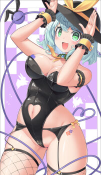 1girl absurdres black_leotard black_thighhighs blush breasts covered_erect_nipples frills green_eyes green_hair harunoha hat highres komeiji_koishi large_breasts leotard looking_at_viewer open_mouth purple_background ribbon solo strapless strapless_leotard thigh_strap thighhighs third_eye touhou white_background wrist_cuffs