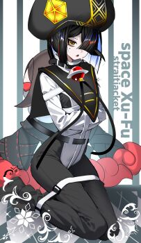 1girl absurdres black_boots black_hair black_hat black_pants blue_hair boots bound bound_legs colored_inner_hair commentary_request crossed_arms fate/grand_order fate_(series) flat_chest hair_over_one_eye hat highres kitsunebi44410 looking_at_viewer mole mole_under_eye multicolored_hair pants red_hair solo straitjacket streaked_hair triangle_mouth xu_fu_(fate) yellow_eyes