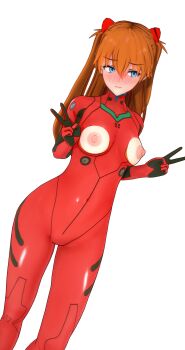 1girl 3d artist_request blue_eyes bodysuit breasts brown_hair embarrassed highres interface_headset_(evangelion) lips long_hair mecha_pilot_suit medium_breasts neon_genesis_evangelion nipples plugsuit_(evangelion) red_bodysuit sideboob simple_background souryuu_asuka_langley standing torn_bodysuit torn_clothes two_side_up v very_long_hair white_background wide_hips