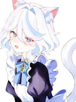 Rule 34 | 1girl, animal ear fluff, animal ears, apron, black dress, blue eyes, blue gem, blue hair, blush, cat ears, cat girl, cat tail, commentary request, dress, drop-shaped pupils, fang, frilled apron, frills, furina (genshin impact), gem, genshin impact, heterochromia, highres, looking at viewer, maid, maid apron, maid headdress, mismatched pupils, multicolored hair, oisimatya, open mouth, puffy sleeves, short hair, skin fang, solo, streaked hair, symbol-shaped pupils, tail, white apron, white hair