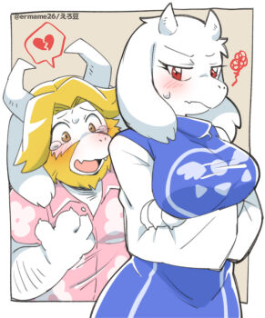 1boy 1girl arm_hair asgore_dreemurr blonde_beard blonde_hair blue_dress blush border breasts brown_background brown_eyes claws closed_mouth commentary_request crossed_arms dress eromame fang floral_print frown furry goat half-closed_eyes horns large_breasts looking_down medium_hair nose_blush pink_shirt raised_inner_eyebrows red_eyes shirt simple_background skin_fang speech_bubble spoken_broken_heart squiggle sweatdrop toriel twitter_username undertale utdr_(toby_fox) v-shaped_eyebrows white_border white_sleeves