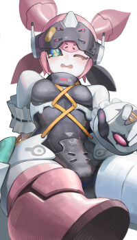 1girl absurdres armband blush bow breasts commentary_request frilled_armband frills green_bow green_eyes highres humanoid_robot joints looking_at_viewer matsuhisa_(ryo-tsuda1) mechanical_arms mechanical_ears mechanical_legs metal_skin one_eye_closed open_mouth robot robot_girl robot_joints simple_background small_breasts solo white_armband white_background yutane_johiel zenless_zone_zero