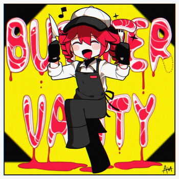 1girl apron baguette beef black_apron black_pants black_shirt bread butcher_vanity_(synthesizer_v) closed_eyes collared_shirt drill_hair drooling food fork full_body hair_between_eyes hat kasane_teto meat mob_cap open_mouth pants sato_(r017xts117) shirt solo table_knife twin_drills utau white_background white_shirt wing_collar