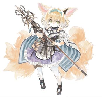 Rule 34 | 1girl, animal ears, arknights, bare shoulders, black collar, black footwear, blonde hair, blue cape, blue hairband, braid, cape, closed mouth, clothing cutout, collar, commentary request, dress, earpiece, fox ears, fox girl, fox tail, frilled dress, frills, green eyes, hairband, hands up, holding, holding staff, infection monitor (arknights), kitsune, konabetate, kyuubi, looking at viewer, material growth, multicolored dress, multicolored hair, multiple tails, oripathy lesion (arknights), pantyhose, purple dress, short hair, shoulder cutout, solo, staff, striped cape, suzuran (arknights), tail, twin braids, two-tone dress, two-tone hair, white background, white pantyhose