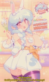 1girl angry animal_ear_fluff animal_ears artist_name ass blue_hair bluethebone blush braid breasts butt_crush commentary cream_on_body cream_on_breasts english_commentary english_text food highres hololive large_breasts long_hair looking_at_viewer looking_back mature_female patreon_username pekomama pussy_juice rabbit_ears rabbit_girl retro_artstyle smile thick_thighs thighs topless_female usada_pekora virtual_youtuber white_hair