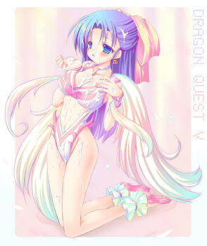 1girl alto_seneka angel_leotard ankle_garter bad_id bad_pixiv_id blue_eyes blue_hair blush bow breasts choker cleavage collarbone copyright_name cum cum_on_body cum_on_breasts cum_on_upper_body dragon_quest dragon_quest_v earrings facial female_focus flora_(dq5) hair_bow half_updo highleg highleg_leotard jewelry kneeling leotard long_hair matching_hair/eyes medium_breasts pink_bow shoes solo wings wrist_cuffs