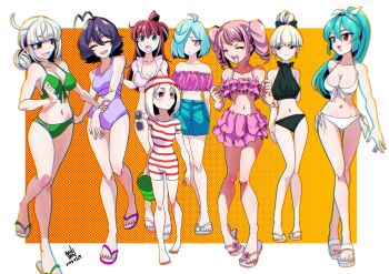 akoya_matama anemo_nemo araga_kiwi ben-day_dots bikini black_bikini black_hair blonde_hair blue_hair blunt_bangs breasts brown_hair chromatic_aberration collarbone everyone flat_chest frilled_bikini frills front-tie_bikini_top front-tie_top full_body gluteal_fold green_hair hair_between_eyes hanabishi_haruka highres hiiragi_utena ikaika0326 large_breasts leberblume leoparde_(mahou_shoujo_ni_akogarete) loco_musica long_hair lowleg lowleg_bikini magia_azure magia_baiser magia_magenta magia_sulfur mahou_shoujo_ni_akogarete medium_breasts minakami_sayo morino_korisu nero_alice pink_bikini pink_hair ponytail red_eyes screentones signature small_breasts smile swimsuit tenkawa_kaoruko thighs