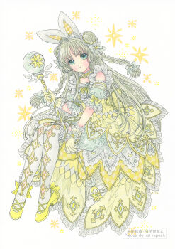 Rule 34 | 1girl, animal ears, braid, commentary request, dress, frilled dress, frills, full body, green eyes, highres, hisakata (hisa nn), holding, holding wand, long hair, looking at viewer, original, pantyhose, rabbit ears, rabbit girl, shoes, solo, wand, yellow dress, yellow shoes