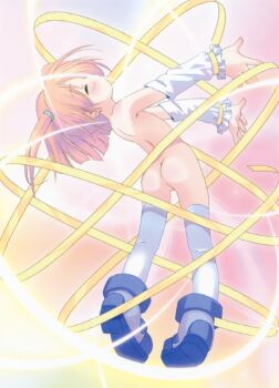 1girl ass blue_boots boots closed_eyes colorful_background detached_sleeves frilled_sleeves frills full_body henshin highres loli long_sleeves moetan nijihara_ink nude pink_hair pop_(electromagneticwave) ribbon scan short_hair solo thighhighs third-party_source two_side_up white_sleeves white_thighhighs yellow_ribbon