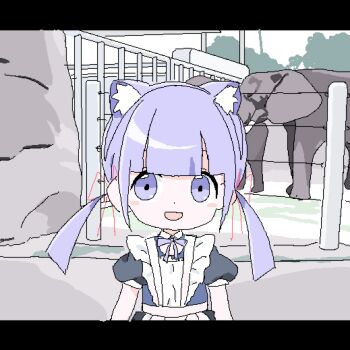 1girl :d animal_ear_fluff animal_ears apron cat_ears elephant juliet_sleeves lokulo-chan_(lokulo_no_mawashimono) lokulo_no_mawashimono long_sleeves low_twintails maid maid_apron open_mouth original parody puffy_sleeves purple_eyes purple_hair smile twintails youtube zoo