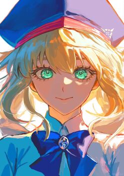 Rule 34 | 1girl, artoria caster (fate), artoria pendragon (fate), beret, blonde hair, bloom, blue bow, blue bowtie, bow, bowtie, closed mouth, commentary request, eyelashes, fate/grand order, fate (series), green eyes, hat, highres, long hair, looking at viewer, op40 r171, print hat, sidelighting, smile, solo, upper body, wing collar