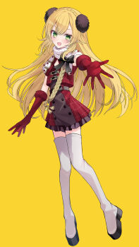 1boy absurdres blonde_hair boots braid buttons colored_shoe_soles cropped_jacket crossdressing crossdressing_(mtf) crown_braid double-breasted dress elbow_gloves frozen_yakan full_body gloves hair_ornament highres jacket long_hair looking_at_viewer male_focus nijisanji official_alternate_costume outstretched_arm platform_boots pom_pom_(clothes) pom_pom_hair_ornament red_dress red_gloves red_jacket sign_wa_b_(oshi_no_ko) simple_background sleeveless sleeveless_jacket smile solo thigh_boots trap uzuki_kou virtual_youtuber white_boots yellow_background