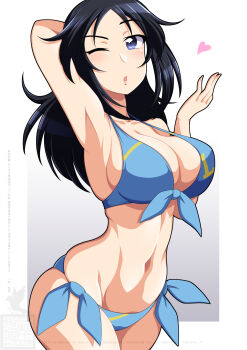 1girl arm_behind_head arm_up bikini black_hair blowing_kiss blue_bikini blue_eyes blush breasts cleavage collarbone cowboy_shot girls_und_panzer heart highres ichijou_takakiyo large_breasts long_hair looking_at_viewer navel one_eye_closed open_mouth side-tie_bikini_bottom solo standing swimsuit white_background wink yamagou_ayumi