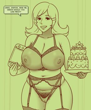 1girl 5-volt armpit_hair black_eyes bra breasts cake cameltoe chocolate_cake,_gameboy_or_me?_(meme) cleavage collarbone english_text eyebrows eyelashes female_focus female_pubic_hair food garter_belt garter_straps green_theme hair_ornament hairclip handheld_game_console highres holding holding_food holding_handheld_game_console huge_breasts large_areolae legs_together lingerie lips looking_at_viewer mature_female meme monochrome navel nintendo nintendo_switch nipples panties panties_over_garter_belt parody parted_bangs parted_lips picket_fences plate plump pokemilf pubic_hair pubic_hair_peek pussy_juice scene_reference see-through_clothes sidelocks smile solo speech_bubble standing stomach talking thong underwear warioware wide_hips