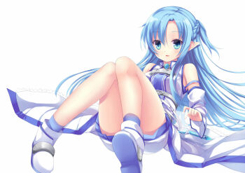 10s 1girl asuna_(sao) asuna_(sao-alo) bad_id bad_pixiv_id blue_eyes blue_hair blush detached_sleeves elf female_focus floating_screen half_updo liong long_hair long_legs matching_hair/eyes pointy_ears sheath sheathed skirt solo sword sword_art_online weapon