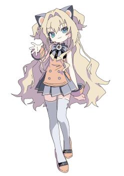 Rule 34 | 1girl, :3, animal ear headphones, animal ears, blonde hair, bow, bowtie, cat ear headphones, cat ears, fake animal ears, full body, headphones, headset, highres, long hair, mechuragi, pleated skirt, seeu, shirt, skirt, sleeveless, sleeveless shirt, smile, solo, thighhighs, two side up, very long hair, vocaloid, wrist cuffs