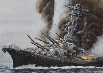 absurdres acrylic_paint_(medium) atelier_bono battleship cannon cloud cloudy_sky explosion fire flag highres historical_event imperial_japanese_navy military_vehicle no_humans ocean operation_ten-gou original painting_(medium) ship ship_turret sinking sky smoke smokestack traditional_media vehicle_focus warship watercraft waves world_war_ii yamato_(battleship)