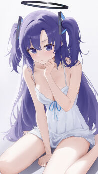 1girl absurdres alternate_costume arm_support barefoot black_halo blue_archive breasts cleavage collarbone commentary_request dress frilled_dress frills hair_ornament halo highres large_breasts leaning_forward long_hair looking_at_viewer medium_hair mi_rong_abmiron parted_bangs parted_lips purple_eyes purple_hair short_dress simple_background sitting solo spaghetti_strap sundress thick_thighs thighs triangle_hair_ornament two_side_up wariza white_background white_dress yuuka_(blue_archive)
