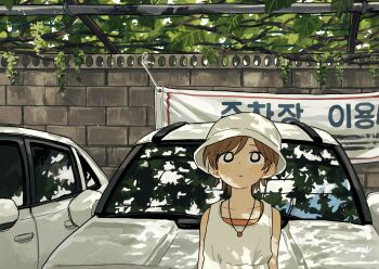 1girl banner brown_hair bucket_hat car closed_mouth dappled_sunlight day dress expressionless food fruit grapes hat highres jewelry korean_text looking_up motor_vehicle necklace original outdoors plant reflection short_hair sihyun25 sleeveless sleeveless_dress solo sunlight upper_body vines white_dress white_hat windshield