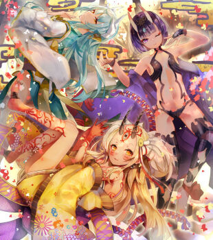 3girls arm_tattoo back_tattoo breasts daikoku_osamu dragon_girl dragon_horns fate/grand_order fate_(series) green_hair green_kimono hair_ornament horns ibaraki_douji_(fate) japanese_clothes kimono kiyohime_(fate) leg_tattoo long_sleeves looking_at_viewer lying multiple_girls multiple_horns navel on_back one_eye_closed purple_eyes purple_hair short_hair shuten_douji_(fate) small_breasts tattoo white_hair wide_sleeves yellow_eyes yellow_kimono