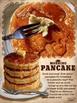artist_name butter commentary english_text fine_9725 food food_focus fork highres maple_syrup no_humans original pancake pancake_stack plate realistic symbol-only_commentary syrup