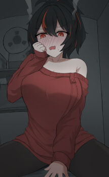 1girl absurdres bare_shoulders black_hair black_pantyhose blush breasts collarbone cosplay electric_fan eyebrows_hidden_by_hair eyes_visible_through_hair fang full-face_blush hand_on_own_face high_ponytail highres large_breasts looking_to_the_side medium_breasts multicolored_hair namikare nose_blush open_mouth pantyhose ponytail red_eyes red_hair red_sweater shelf skin_fang spy_x_family streaked_hair sweater yor_briar yor_briar_(cosplay) zenless_zone_zero zhu_yuan