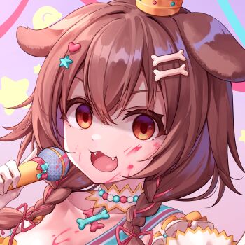 1girl :3 animal_ears blank_eyes blood blood_on_face blood_splatter bone_hair_ornament bow braid brown_eyes brown_hair cartoon_bone choker collarbone crown deaver dog_ears dog_girl fangs gloves hair_between_eyes hair_ornament hair_ribbon hairclip highres holding holding_microphone hololive inugami_korone inugami_korone_(saikyo_tensai_wonderful_world_of_korone) long_hair looking_at_viewer low_twin_braids microphone mini_crown open_mouth ribbon ribbon_braid twin_braids virtual_youtuber