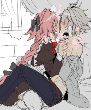 2boys alternate_costume astolfo_(fate) black_bow blue_pants blush bow braid covered_eyes crossdressing crossdressing_(mtf) denim dress fang fate/apocrypha fate_(series) french_kiss frilled_dress frills grey_hair hair_bow hair_intakes haoro hickey jeans kiss long_hair maid male_focus male_maid multicolored_hair multiple_boys open_mouth pants pink_hair purple_eyes shirt shirt_partially_removed short_hair sieg_(fate) signature single_braid skin_fang smile streaked_hair tongue tongue_out trap two-tone_hair white_hair white_shirt yaoi