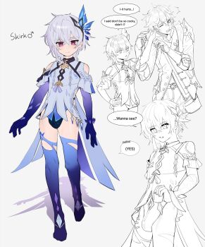 2boys absurdres bana_gameg black_leotard blue_gloves boots bulge butterfly_hair_ornament cape character_name clothing_cutout commentary crossdressing crossdressing_(mtf) elbow_gloves english_commentary english_text full_body genderswap genderswap_(ftm) genshin_impact gloves grabbing_another&#039;s_ear grey_background hair_between_eyes hair_ornament hand_on_another&#039;s_ear hands_on_own_hips highres leotard looking_at_viewer mars_symbol multiple_boys multiple_views partially_colored red_eyes shoulder_cutout simple_background skirk_(genshin_impact) speech_bubble tartaglia_(genshin_impact) thigh_boots trap white_hair