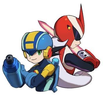 2boys arm_blade arm_cannon armor assault_visor blue_bodysuit blue_helmet bodysuit energy_sword green_eyes helmet long_hair looking_at_viewer male_focus mega_man_(series) mega_man_battle_network_(series) megaman.exe multiple_boys netnavi noro_zt protoman.exe red_armor red_helmet short_hair simple_background smile spiked_hair sword weapon white_background white_hair